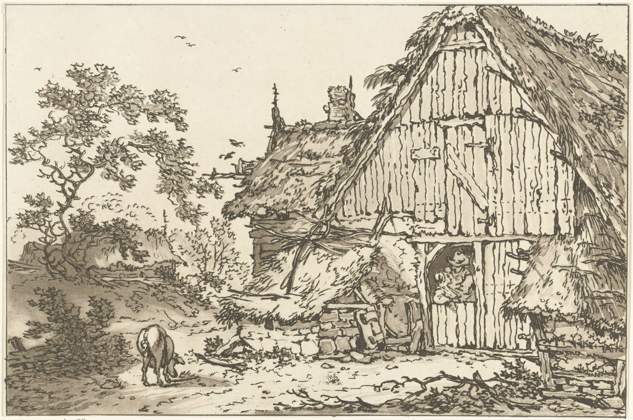 Boerderij conoció a twee mensen en la deuropening Doce diseños calculados para el uso de quienes están aprendiendo a dibujar paisajes (título de la serie) de Hendrik Meijer
