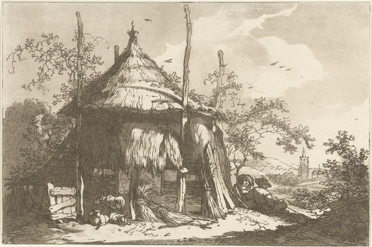 Pastores bij een hooiberg Doce diseños calculados para el uso de quienes están aprendiendo a dibujar paisajes (título de la serie) de Hendrik Meijer