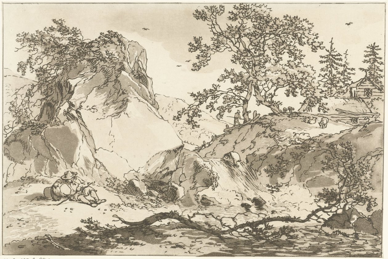 Heuvelachtig landschap met een rustende man Doce diseños calculados para el uso de quienes están aprendiendo a dibujar paisajes (título de la serie) de Hendrik Meijer