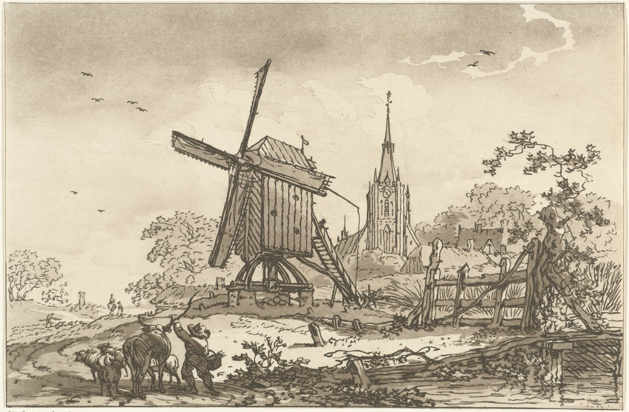 Paisaje con un molino de viento y una iglesia. Doce diseños calculados para el uso de quienes están aprendiendo a dibujar paisajes (título de la serie) de Hendrik Meijer
