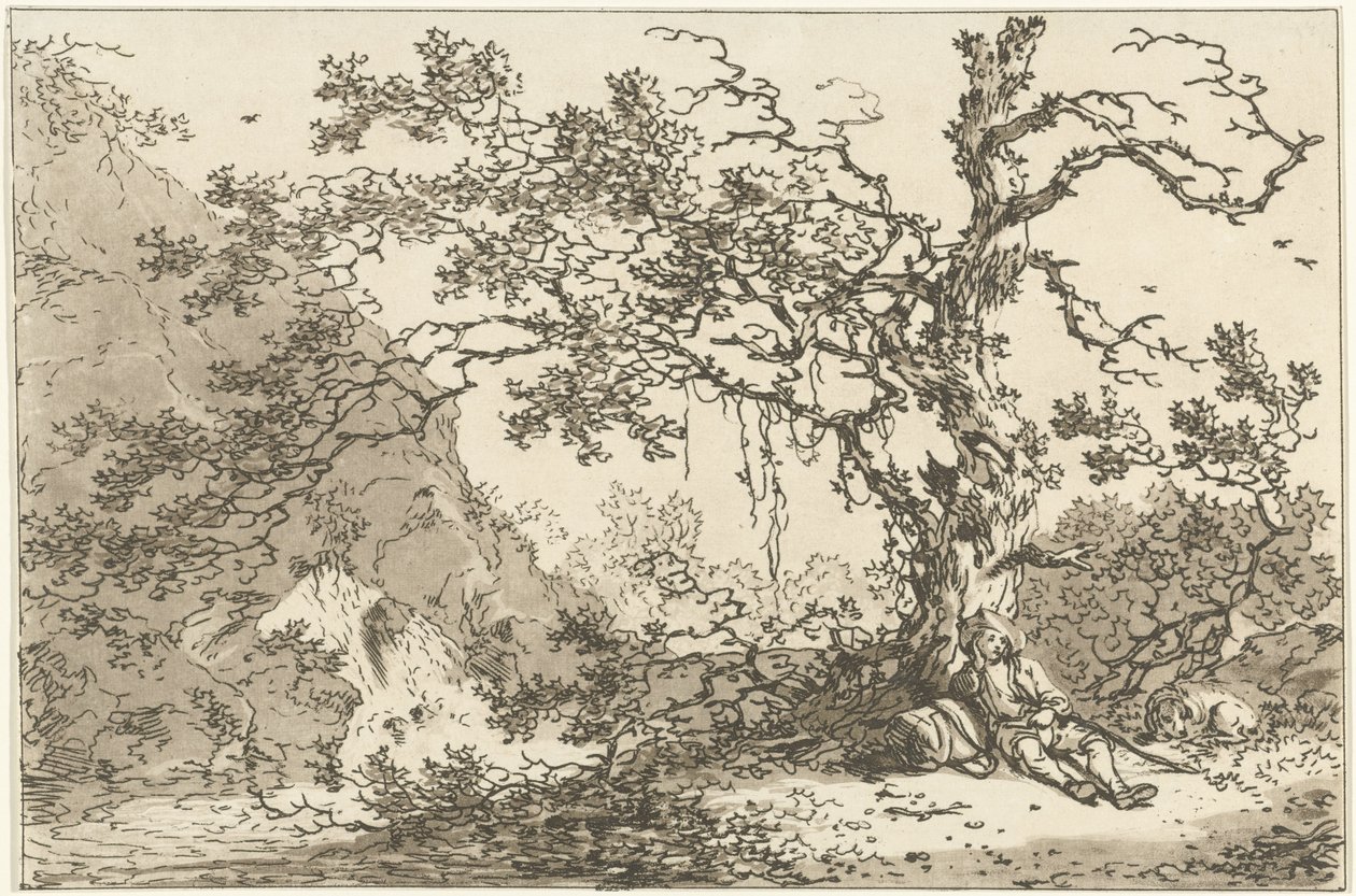 Viajero descansando con su perro en un paisaje Doce diseños calculados para el uso de aquellos que están aprendiendo a dibujar paisajes (título de la serie) de Hendrik Meijer