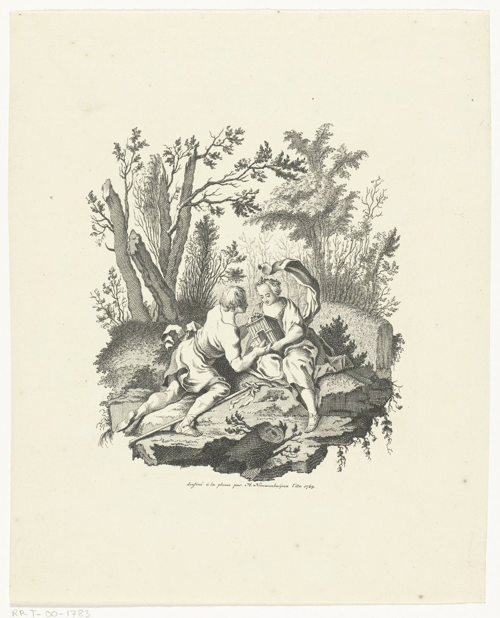Pastor y pastora con pájaro y casita para pájaros de Hendrik Nieuwenhuysen