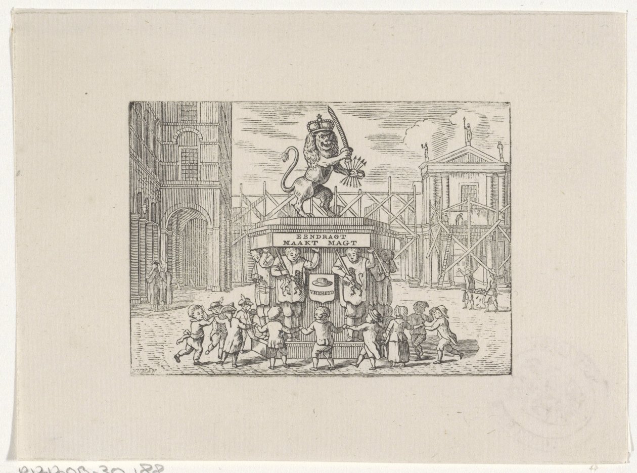 Niños bailando en círculo alrededor de un monumento de las Siete Provincias de Hendrik Numan