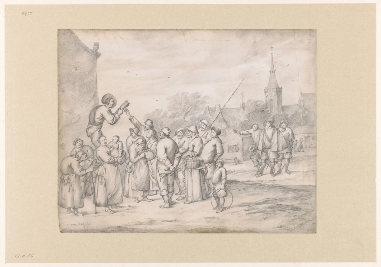 Vendedor ambulante vendiendo panfletos a los aldeanos de Hendrik Potuyl