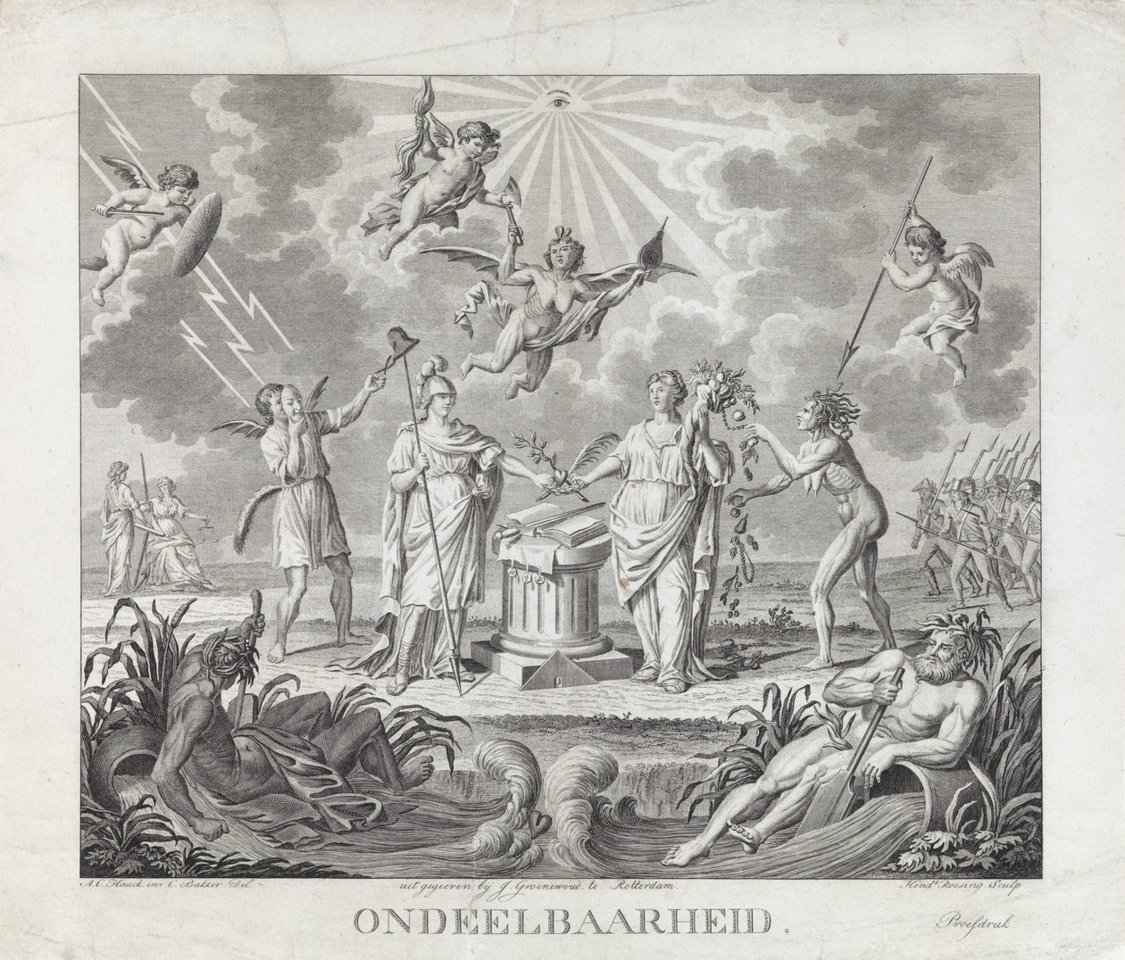 Alegoría de la indivisibilidad, 1795 Indivisibilidad (título sobre objeto) Cuatro alegorías de la revolución en 1795 (título de la serie) de Hendrik Roosing