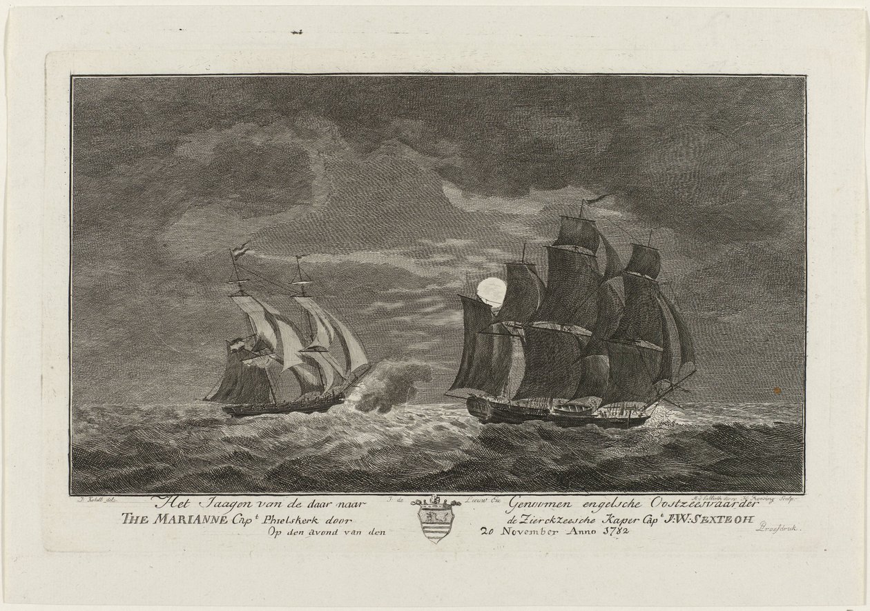 Sextroh caza en el Marianne, 1782 La caza del navegante báltico inglés Allá a los genomas El capitán Marianne. Philskerk por el Capitán Zierikzeesche Kaper. J:W:Sextroh En la noche del 20 de noviembre de 1782 (título sobre el objeto) de Hendrik Roosing