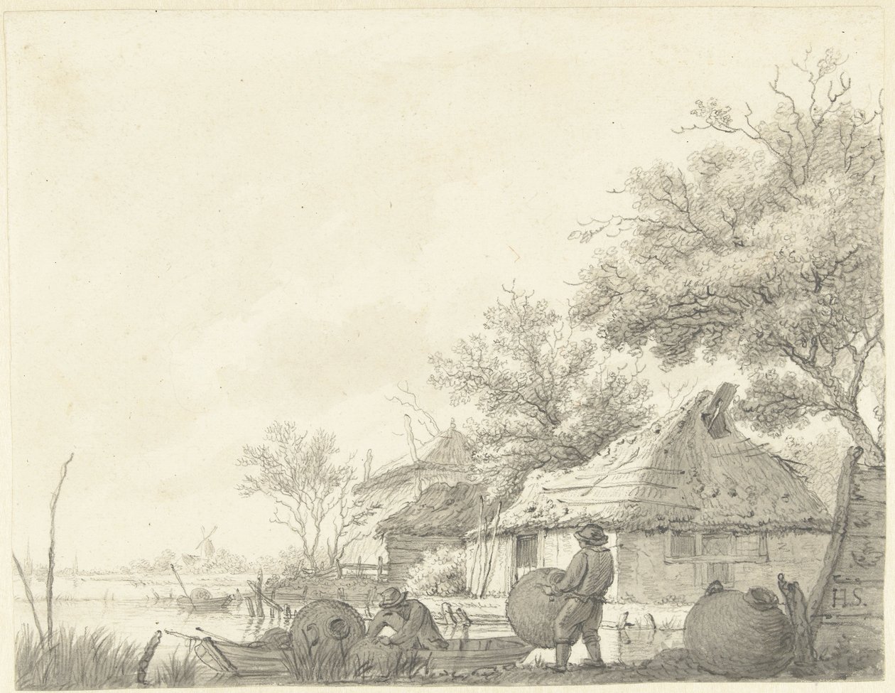 Dos pescadores con canastas en un canal de Hendrik Schwegman