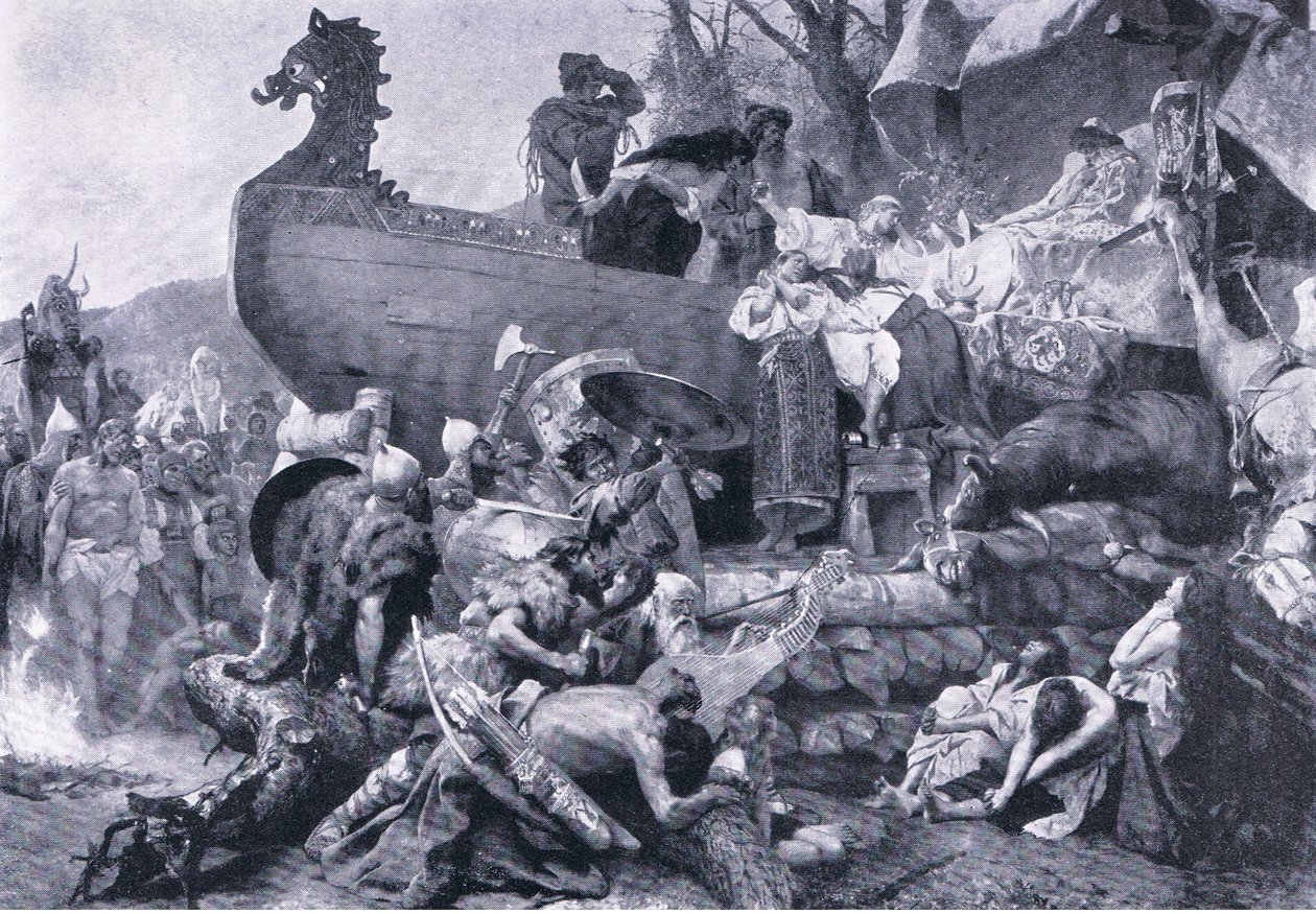 Cremación de un jefe en el este de Rusia, siglo X, ilustración de Landmarks in European History publicada por Gresham Publishing Co, c.1920 de Henryk Siemiradzki