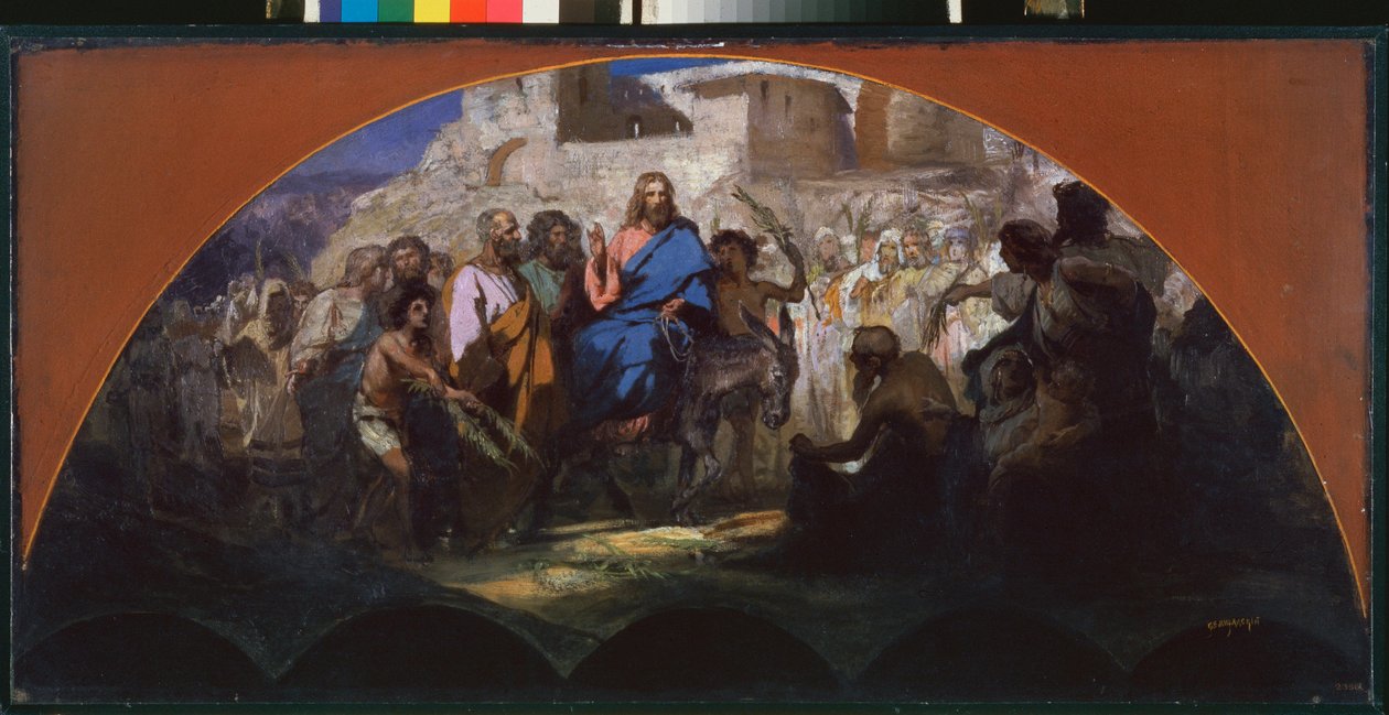 La entrada de Cristo en Jerusalén. (montado en un burro, rodeado de la multitud que saluda y coloca ramas en su camino). Obra de Henryk Siemiradzki (1843-1902), óleo sobre cartón de Henryk Siemiradzki