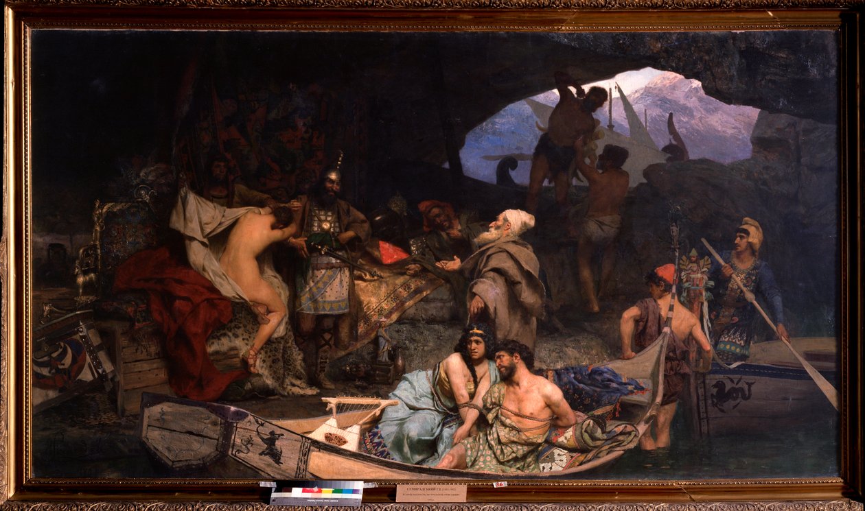Los corsarios. (Escena en la que traen su botín y sus prisioneros (rehenes) en una cueva). Pintura de Henryk Siemiradzki (1843-1902), óleo sobre lienzo de Henryk Siemiradzki