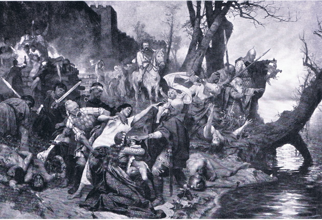 Guerreros de Sviatoslav en la masacre bajo los muros de Drster (Durostorus), ilustración de Hitos en la Historia Europea publicada por Gresham Publishing Co, c.1920 de Henryk Siemiradzki