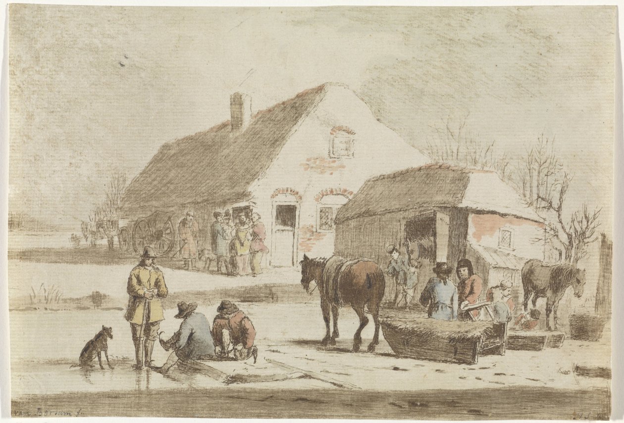 Patinadores de hielo y un trineo en una granja. de Hendrik Spilman
