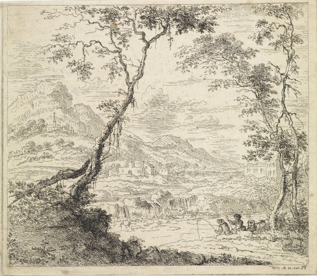 Paisaje con pescadores junto a un río. de Hendrik Tavenier