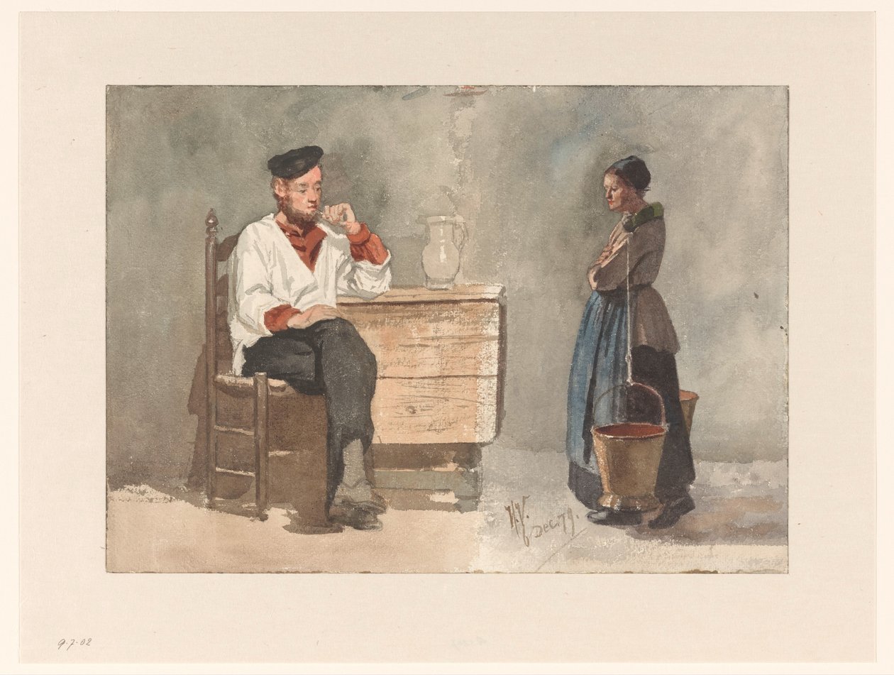 Marinero fumador, mujer con yugo y cubos de leche de Hendrik Valkenburg
