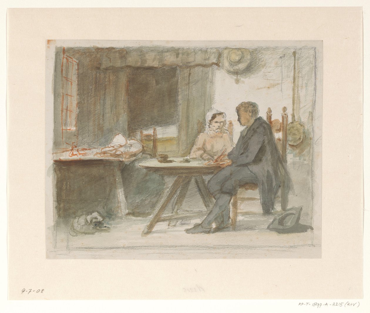 Escribir hombre y una mujer en una mesa de Hendrik Valkenburg