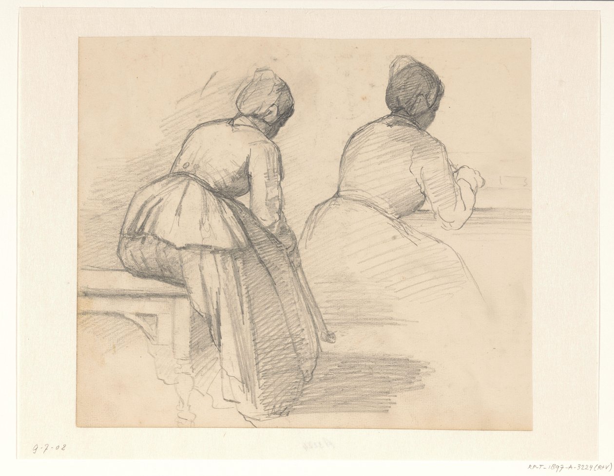 Dos estudios de una mujer sentada, vista desde atrás de Hendrik Valkenburg