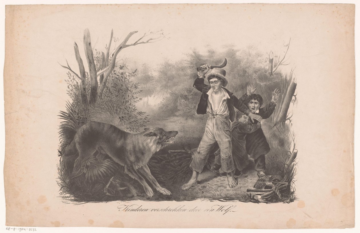 Niños y un lobo en el bosque. Niños asustados por un lobo (título sobre objeto) de Hendrik Wilhelmus Last