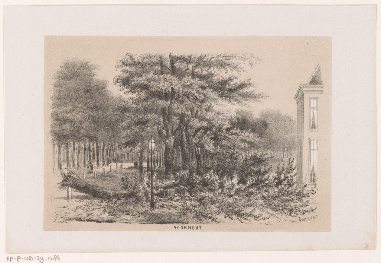 Árbol derribado cerca de Voorhout, tras la tormenta del 28 de mayo de 1860 Voorhout (título sobre objeto) Álbum de diez bocetos litografiados, que representan a Tooneelen de la Destrucción, Agitados por la tormenta del 28 de mayo de 1860 en el 