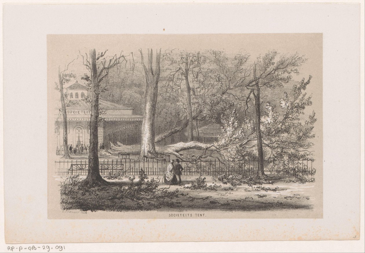 Árbol derribado en el club, tras la tormenta del 28 de mayo de 1860 Tienda social (título sobre objeto) Álbum de diez bocetos litografiados, que representan a Tooneelen of the Destruction, Agitated by the storm of 28 May 1860 in the 