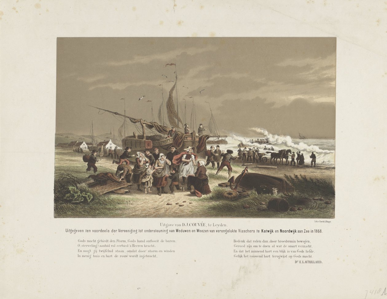 Escena de playa con esposas de pescadores de luto, 1868 de Hendrik Wilhelmus Last