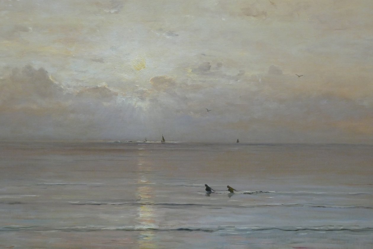 Holandés: Puesta de sol con pescadores de gambas de Hendrik Willem Mesdag