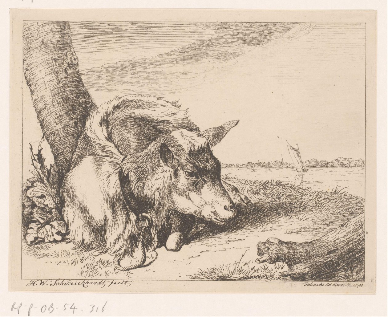 Cabra tumbada cerca del agua Diferentes animales (título de la serie) de Hendrik Willem Schweickhardt