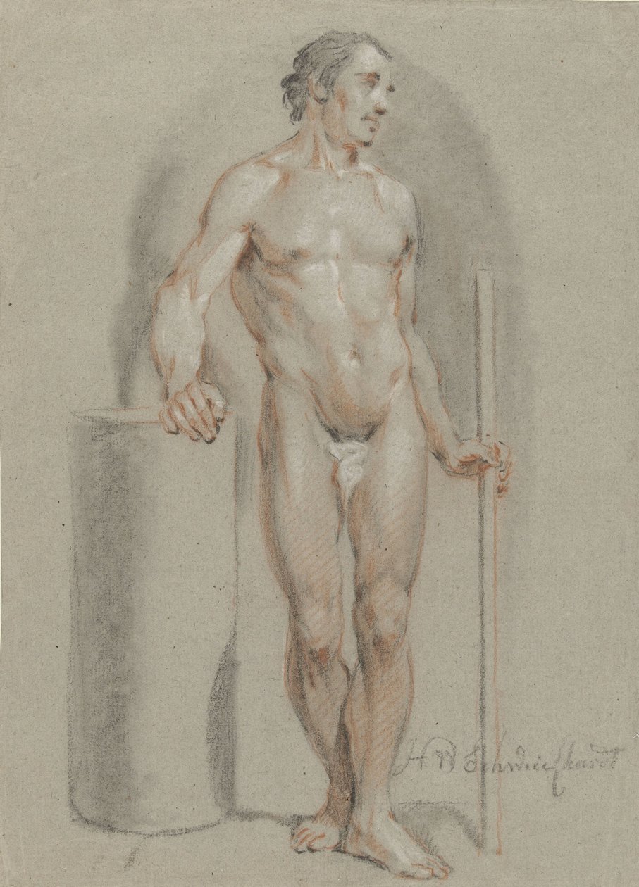 Desnudo masculino de pie, sosteniendo un bastón, apoyando un cilindro de estudio de Hendrik Willem Schweickhardt