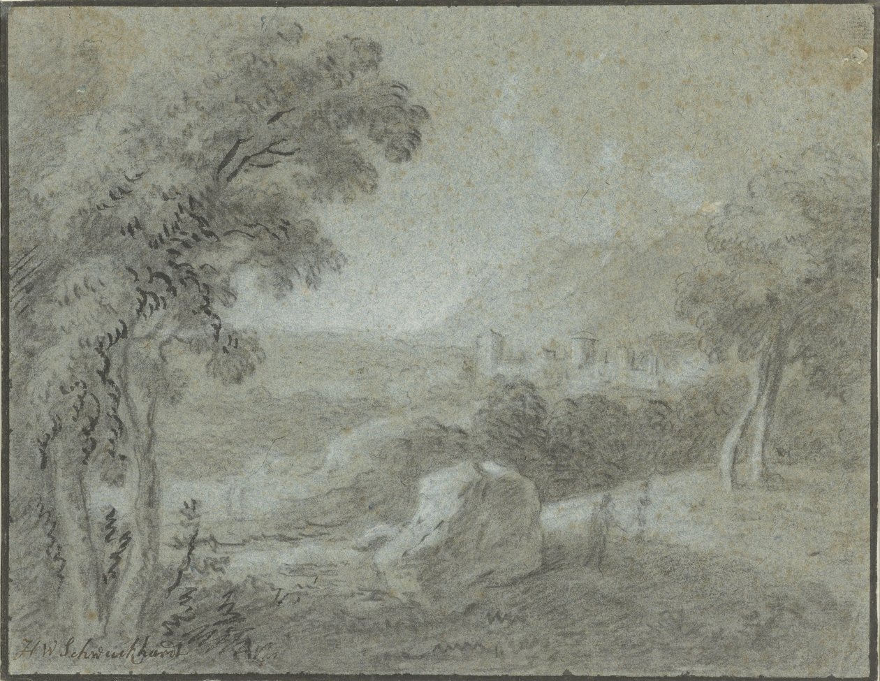 Paisaje montañoso del sur con una ciudad en el horizonte de Hendrik Willem Schweickhardt