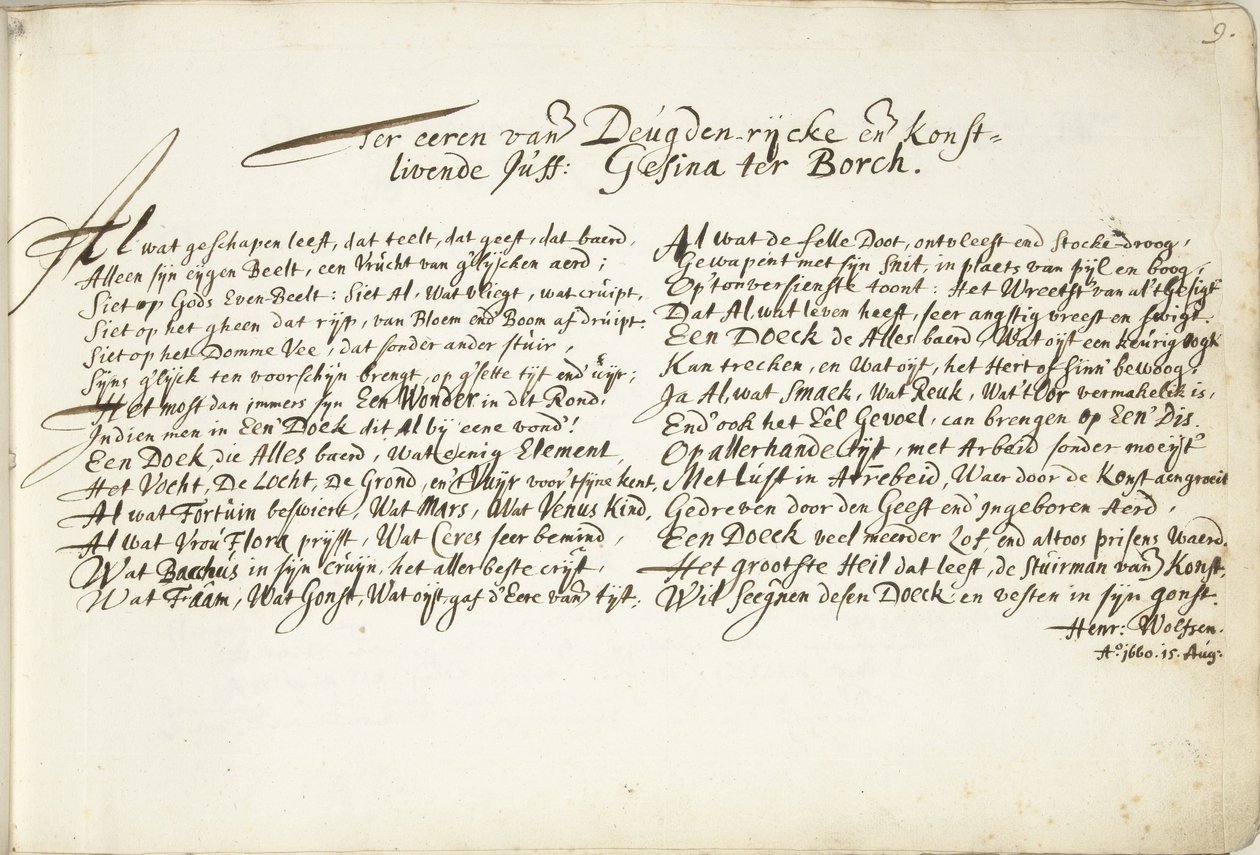 Himno en honor a Gesina ter Borch En honor a den Deugden-rijcke y den Konstlivende Juff: Gesina ter Borch (título sobre objeto) de Hendrik Wolfsen (signed by artist)