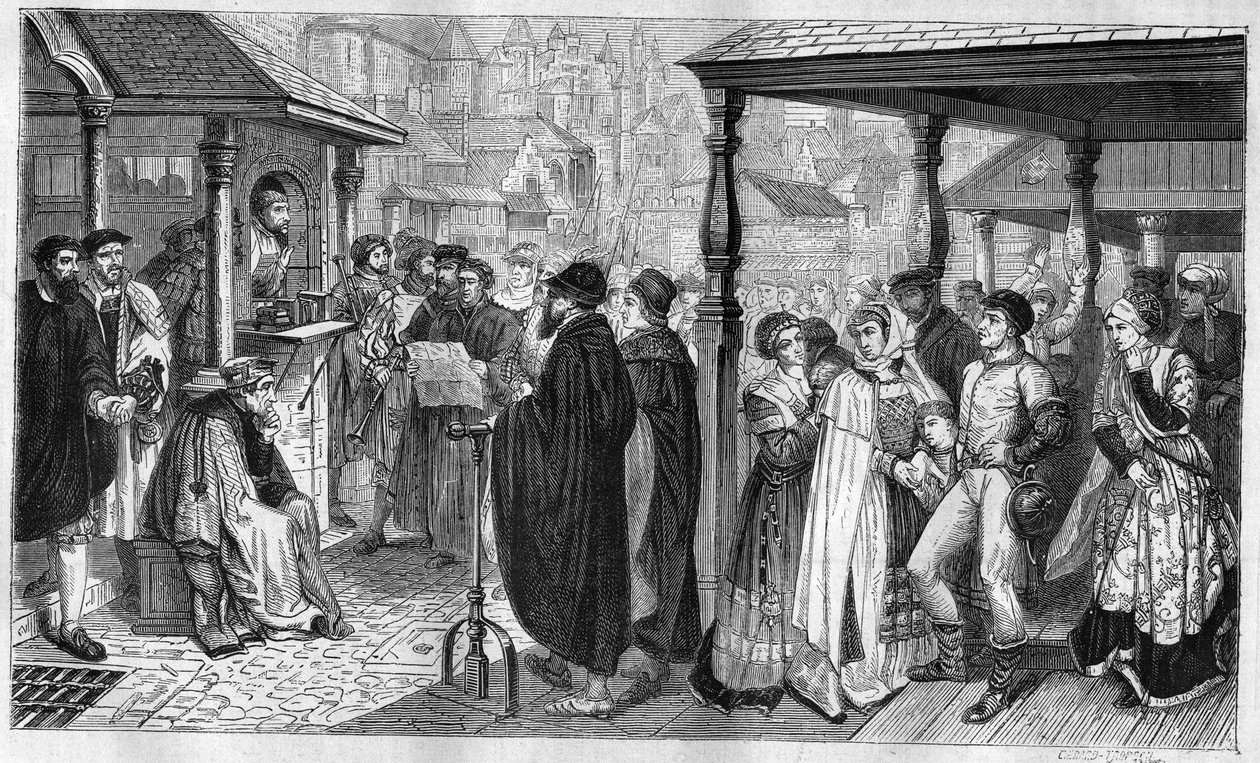 La publicación de los edictos de Carlos V en Amberes: en 1550, una ley estipula que cualquiera que sea convencido de herejía será quemado o enterrado vivo, o decapitado. Grabado de 1866-1867 basado en la pintura de Barón Henri Leys (1815-1869) de Hendrik or Henri Leys