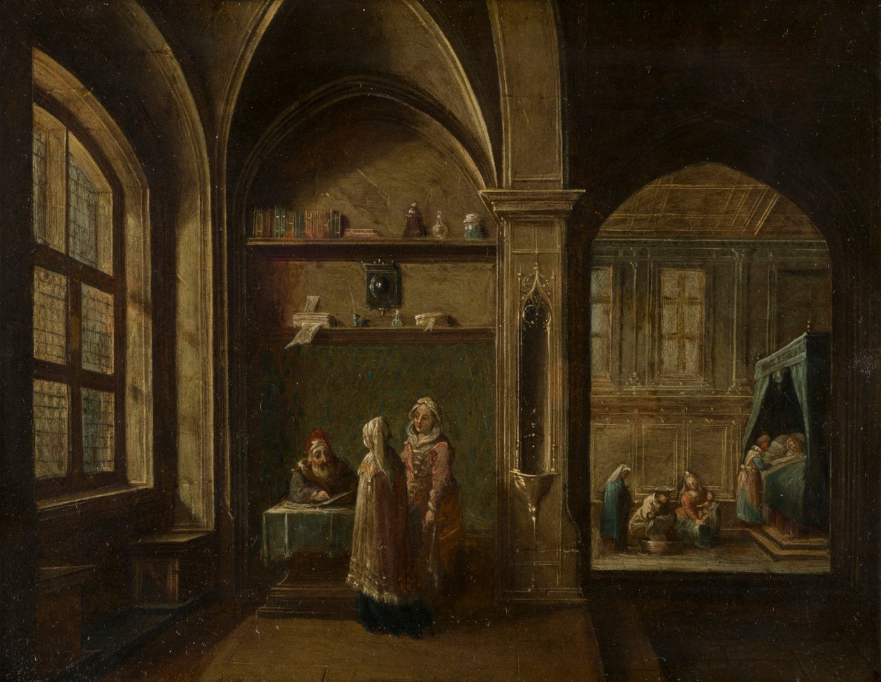 Un interior renacentista con figuras : El nacimiento de San Juan, c.1600-49 (óleo sobre cobre) de Hendrik the Younger Steenwyck