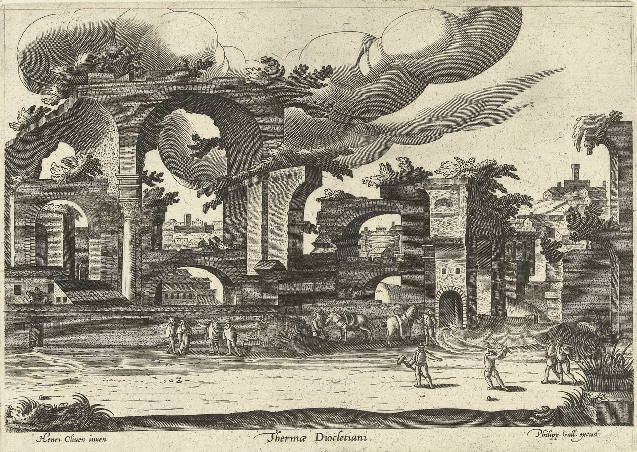 Ruinas de los Baños de Diocleciano desde el lado con dos hombres jugando al croquet en primer plano, 1585 de Hendrik van Cleve III