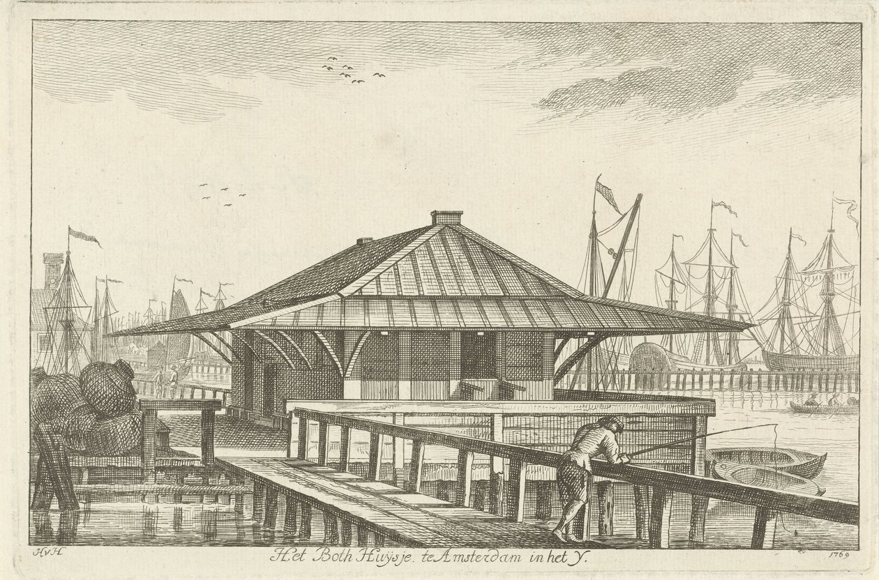 Bothuisje en Amsterdam en el IJ (título sobre objeto) de Hendrik van Hilten