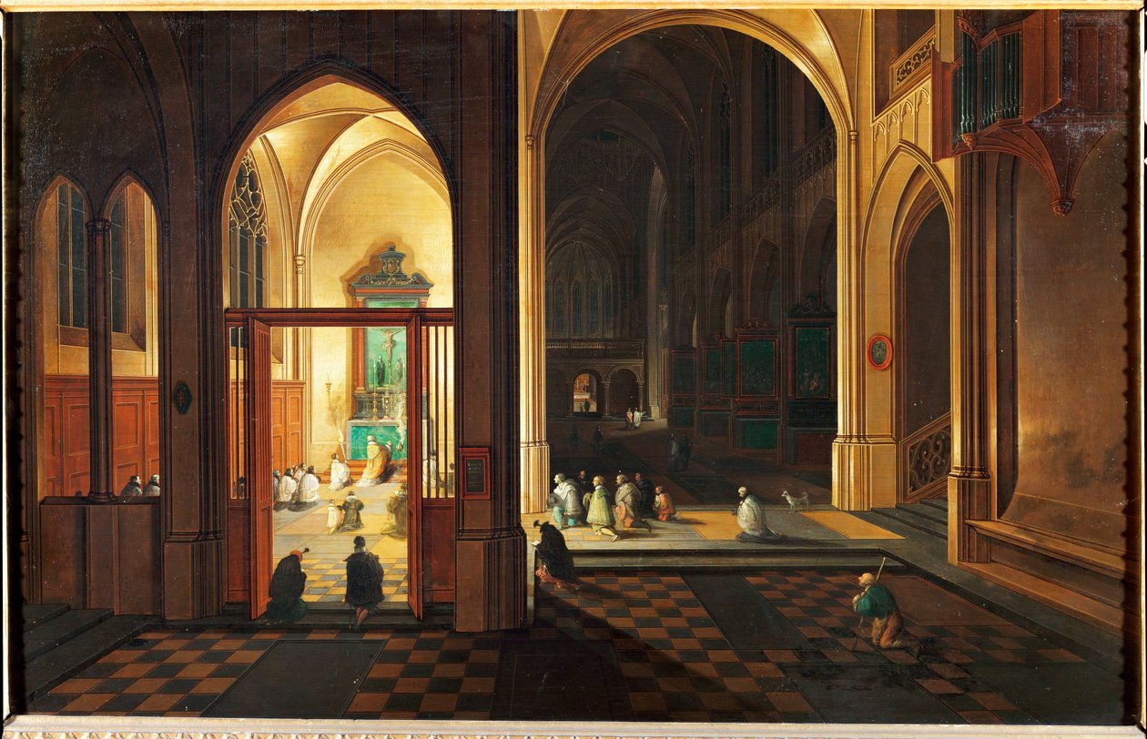 Misa en una iglesia católica. Óleo sobre cobre de Hendrik van Steenwyck