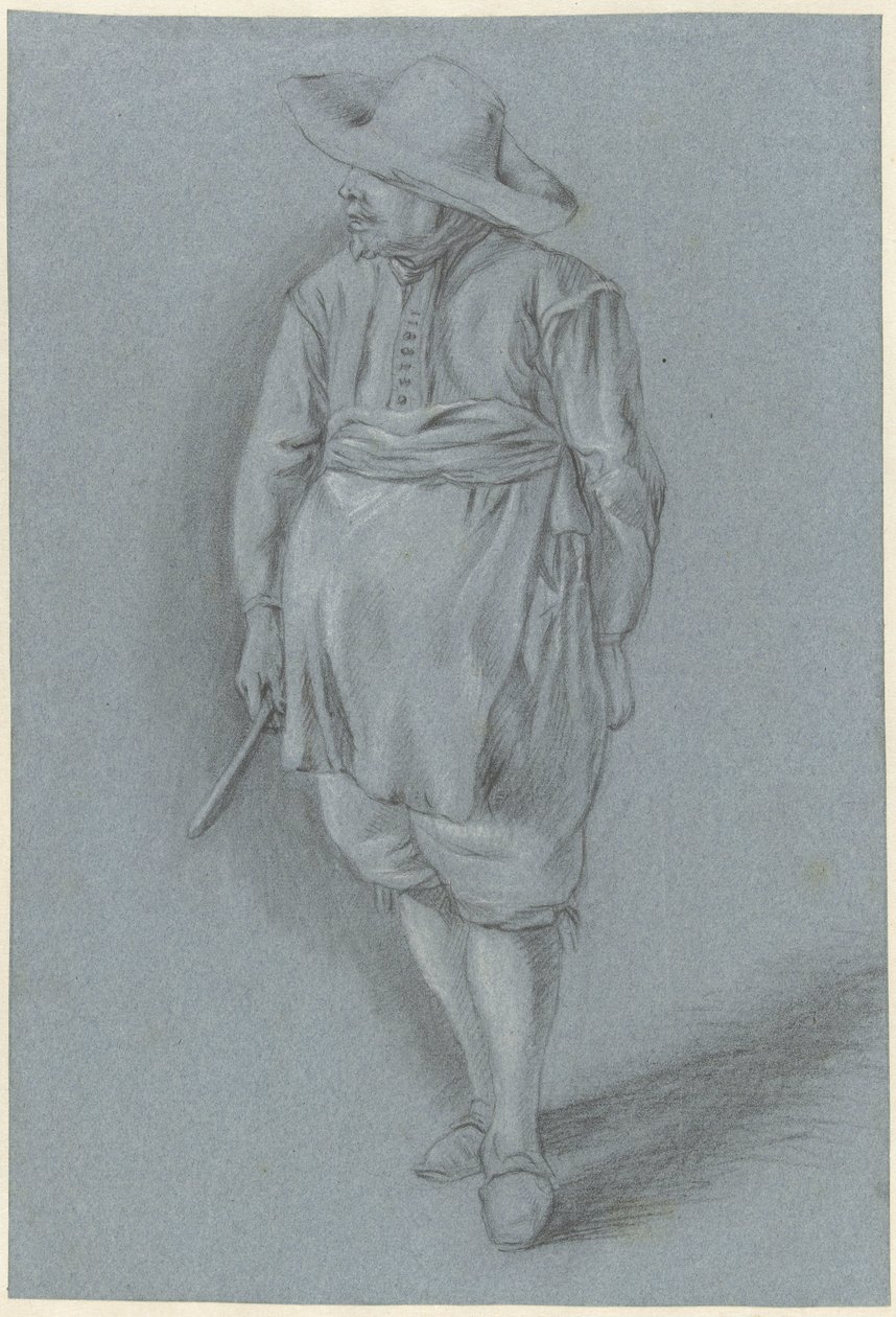 Hombre vestido del siglo XVII con sombrero, delantal y cuchillo. de Hendrik van Velthoven (attributed to)
