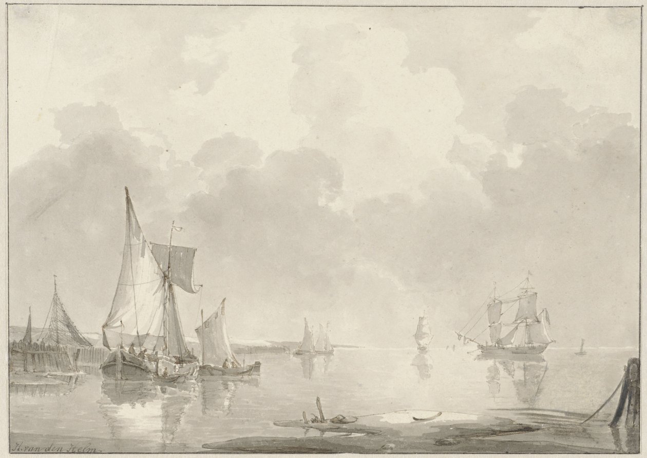Vista de la costa con barcos en aguas tranquilas de Hendrik van den Helm