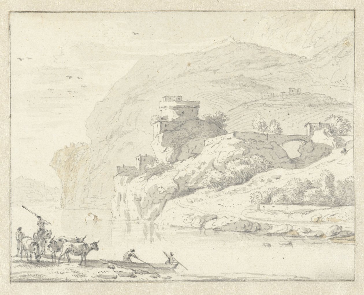Paisaje de montaña de estilo italiano con pastores y ganado, y dos figuras en un bote que cruza el río de Hendrik van der Straaten (attributed to)