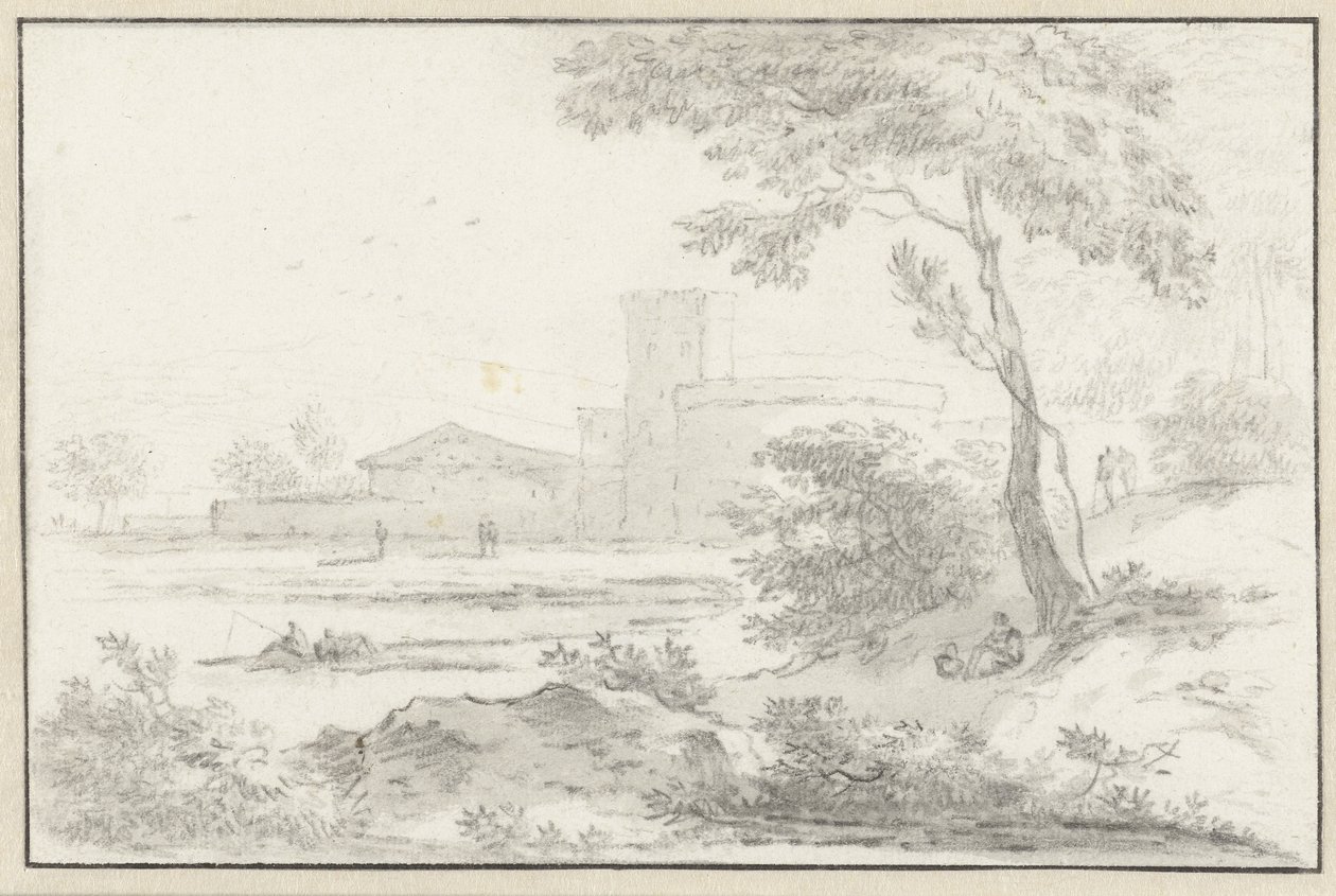 Paisaje de estilo italiano con edificio fortificado al fondo de Hendrik van der Straaten