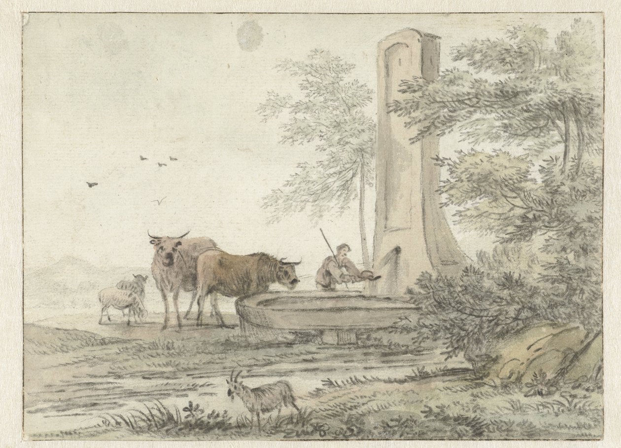 Paisaje de estilo italiano con Herder y su ganado vacuno y ovino en una fuente de Hendrik van der Straaten