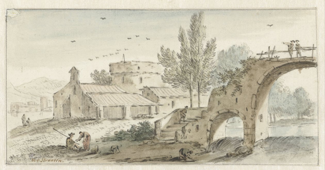 Paisaje de estilo italiano con un puente de piedra de Hendrik van der Straaten