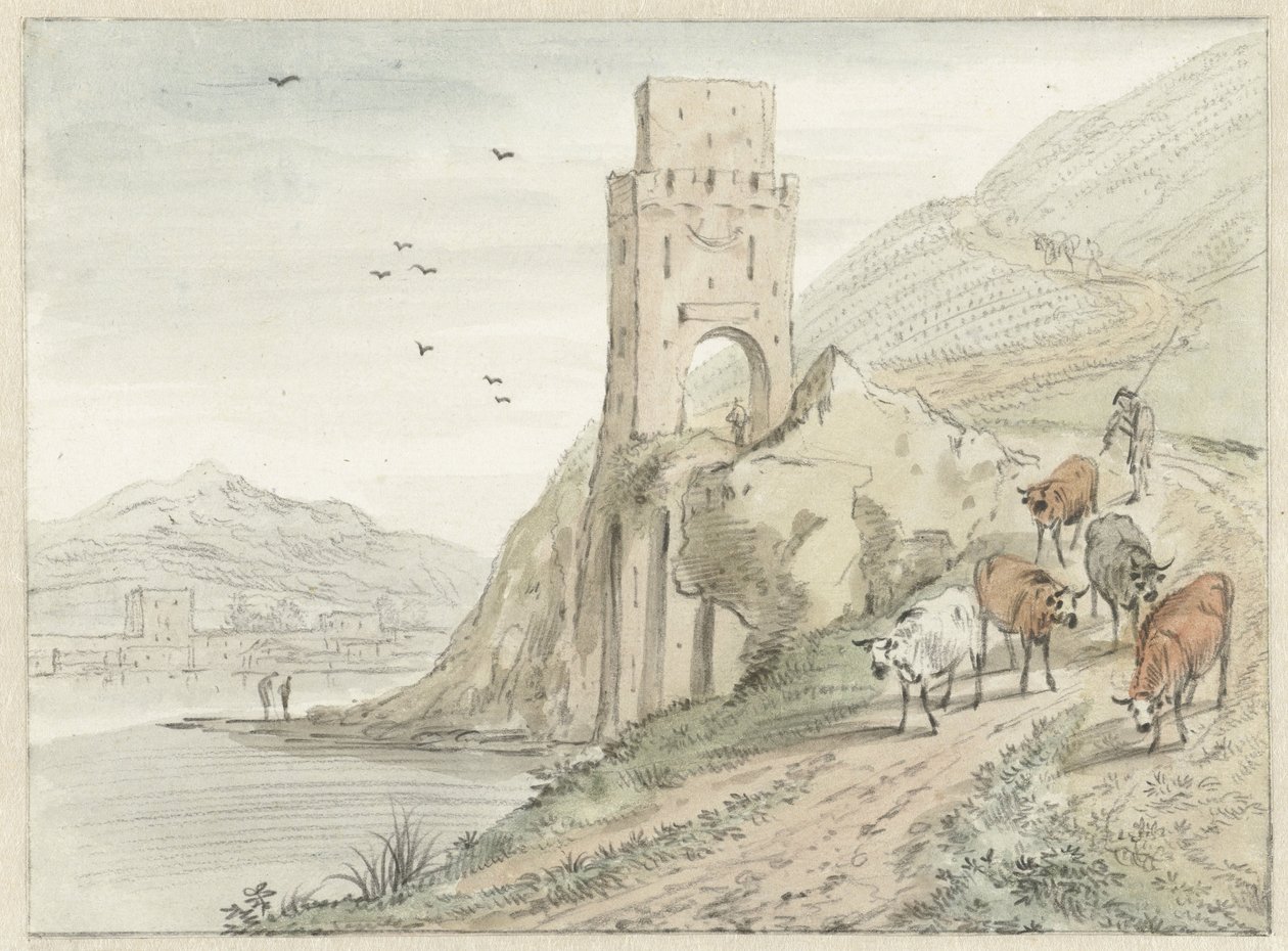 Paisaje fluvial de estilo italiano con montañas y una torre de entrada de Hendrik van der Straaten