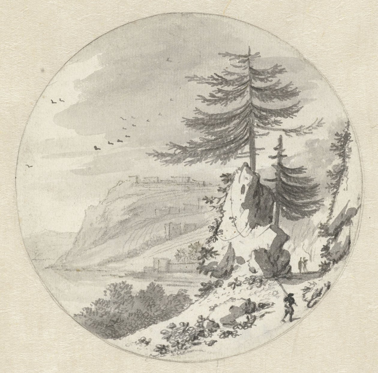 Paisaje costero montañoso con un gran abeto de Hendrik van der Straaten