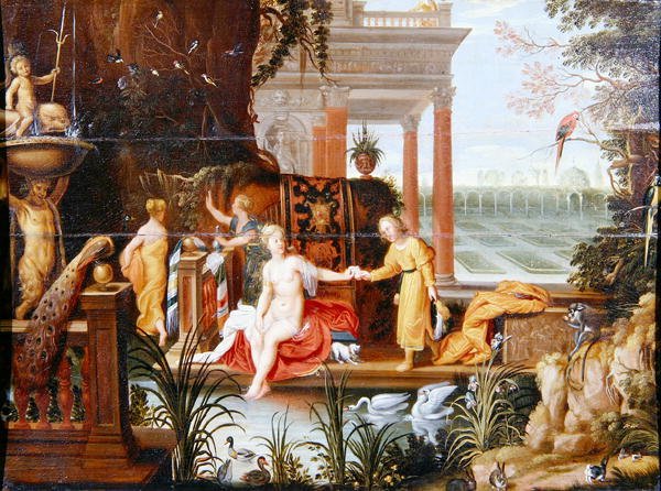 Betsabé en la piscina con sus asistentes de Hendrik van the Elder Balen