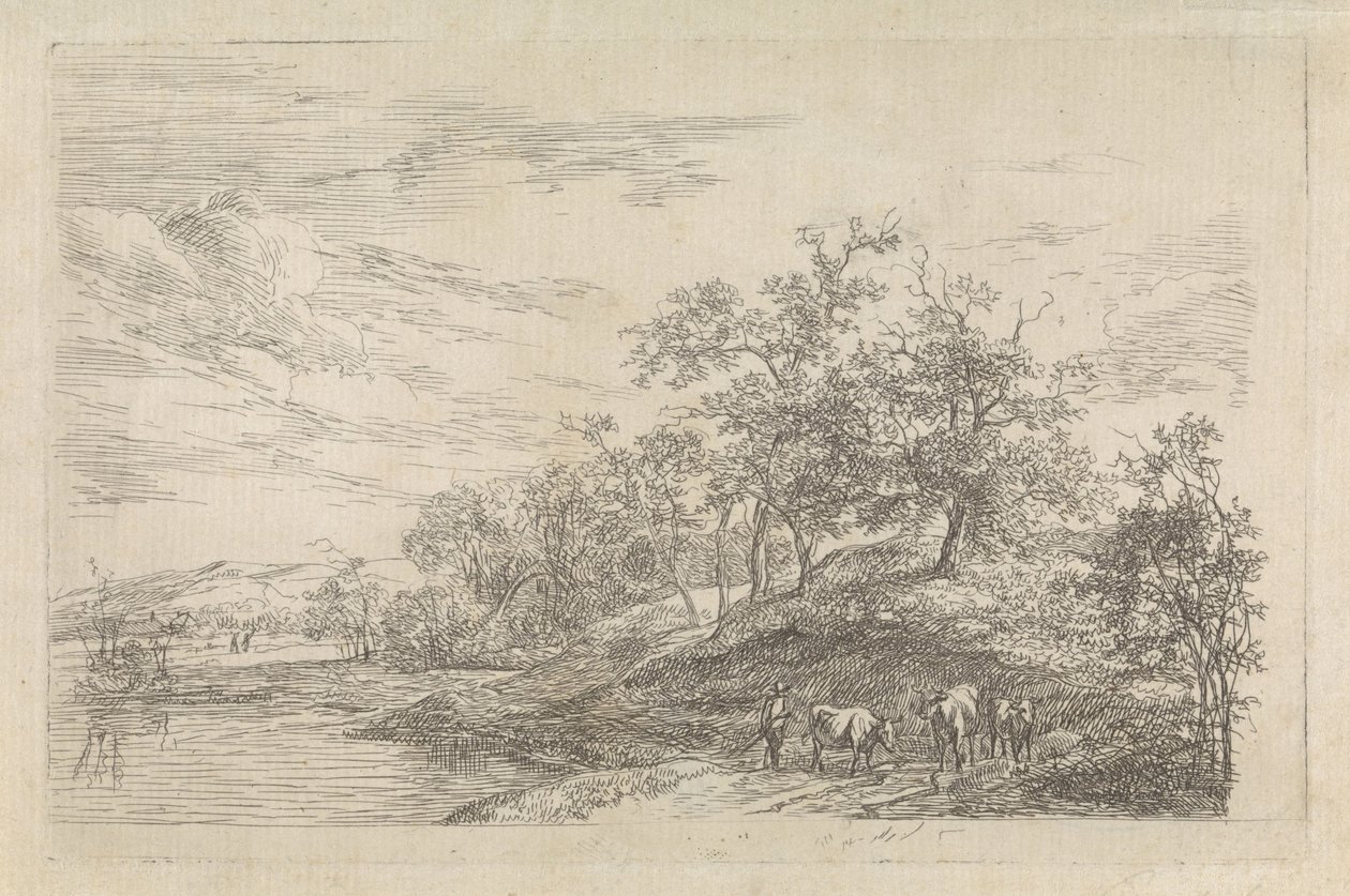 Paisaje montañoso con un pastor con vacas. de Hendrikus van de Sande Bakhuyzen