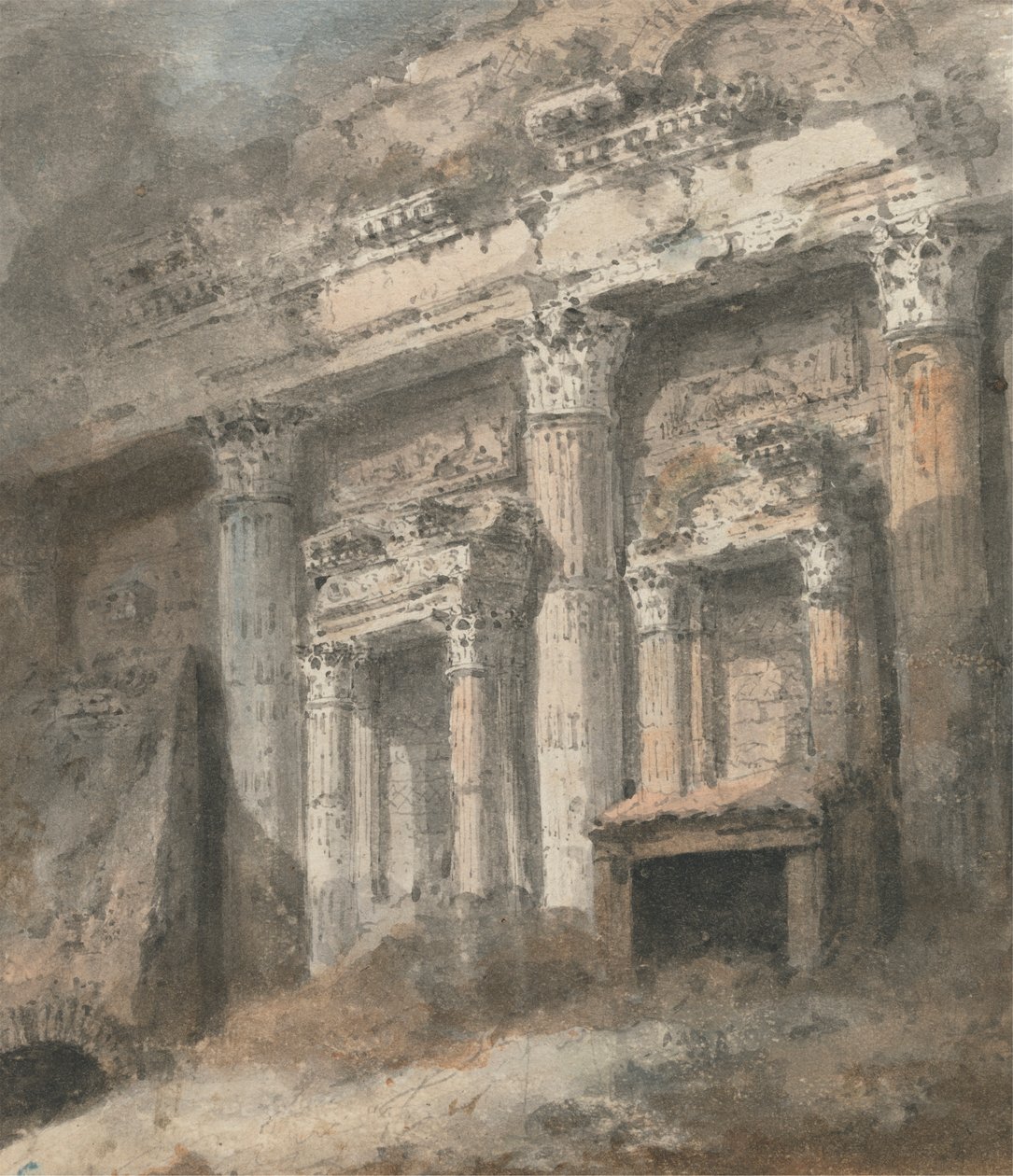Fachada de un templo romano en ruinas (?), con columnas y portada de Heneage Finch fourth Earl of Aylesford