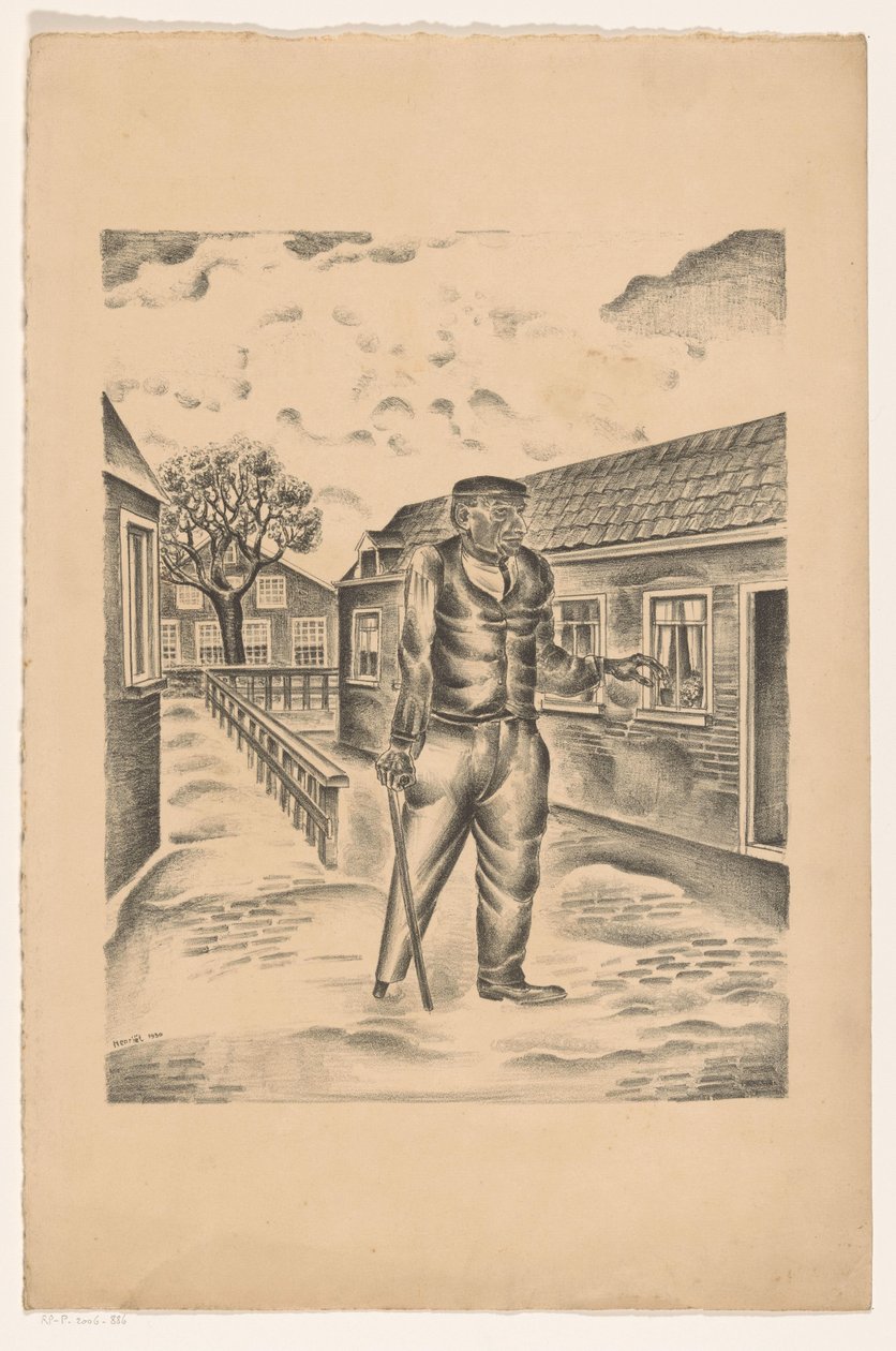 Hombre con pata de palo y bastón en la calle de un pueblo de Henk Henriët