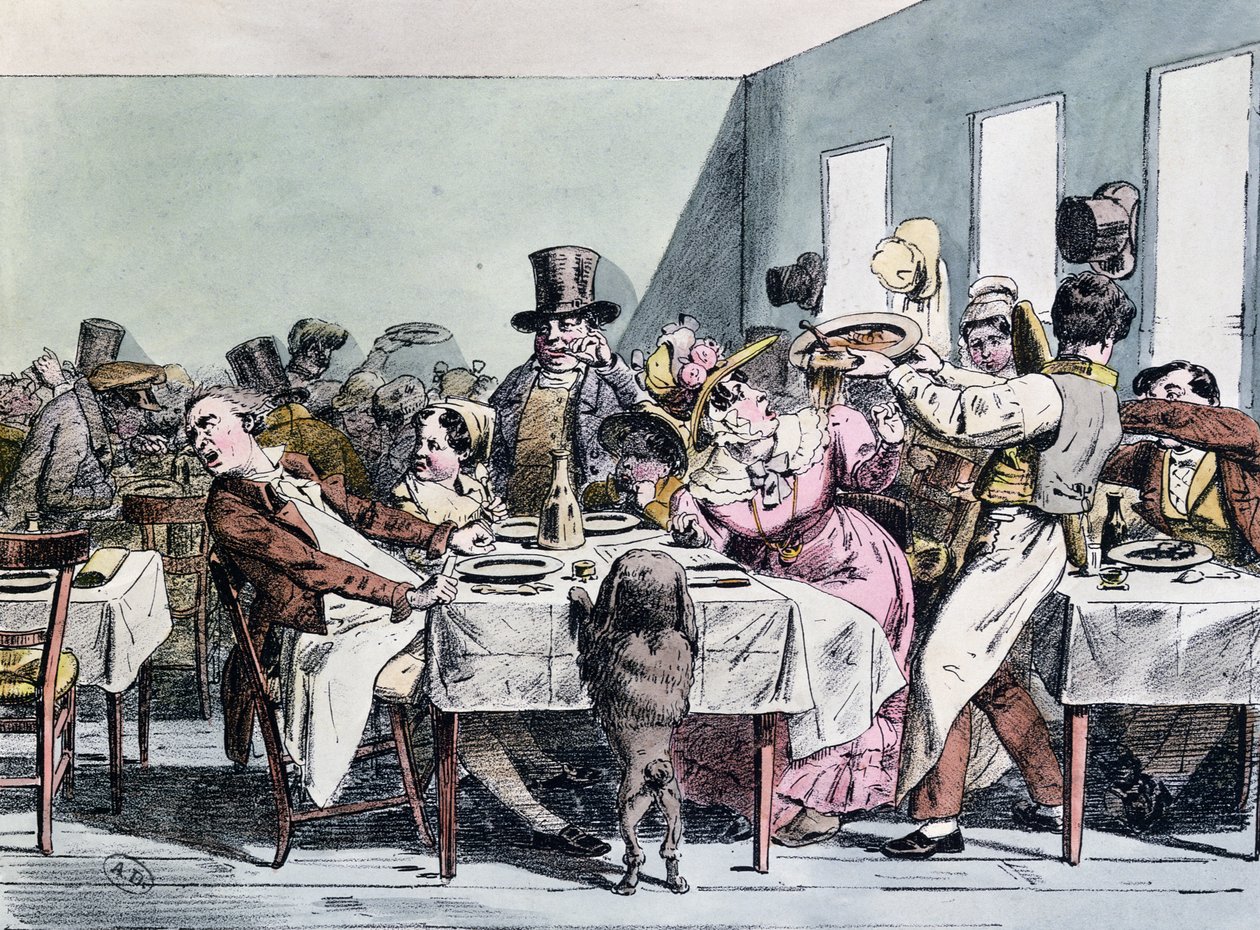 Experiencia encantadora de una familia en un restaurante abarrotado, c.1860 de Henri Bonaventure Monnier