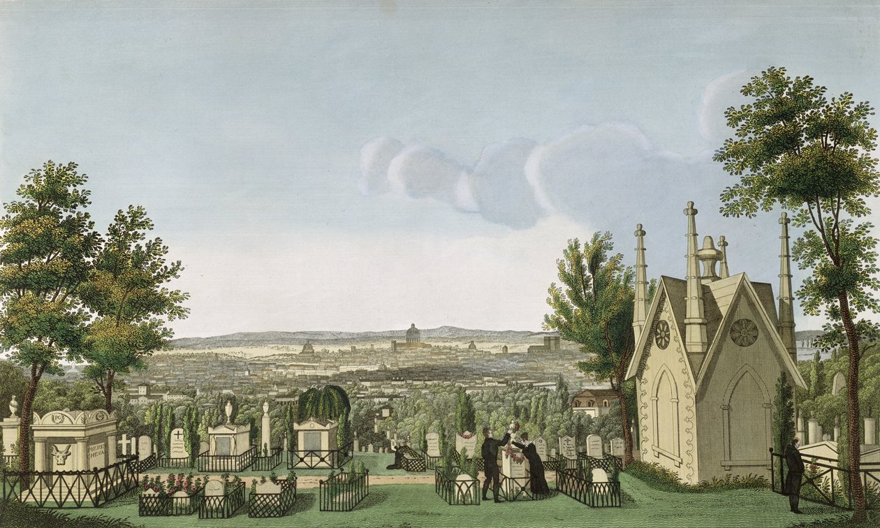 Vista del Cementerio de Père-Lachaise desde la Capilla Gótica, grabado por Guiguet de Henri Courvoisier Voisin