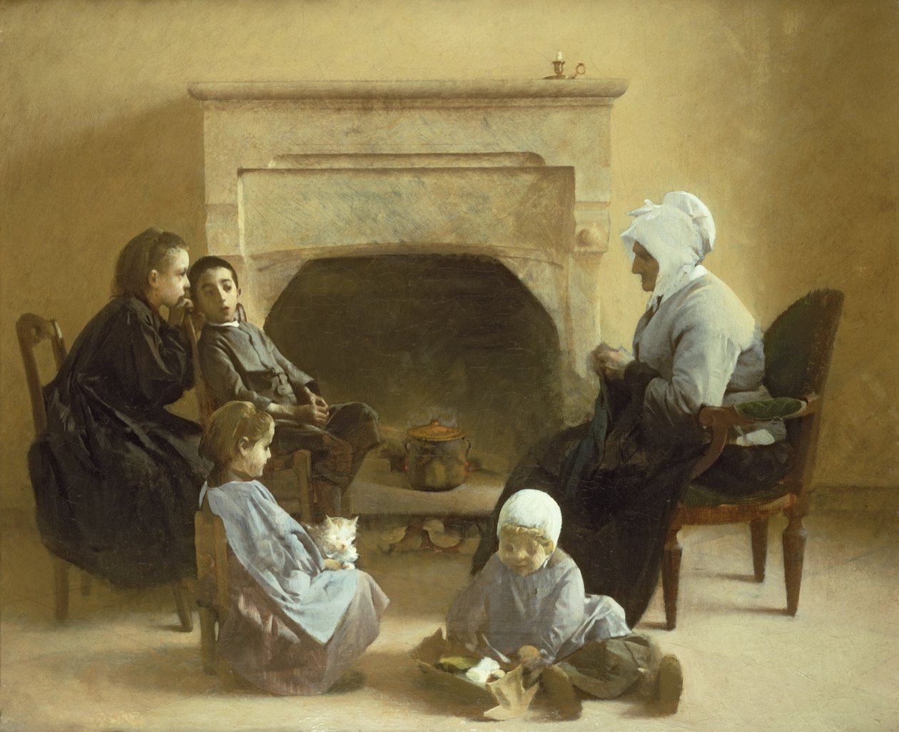 Familia sentada alrededor de un hogar de Henri Jules Jean Geoffroy