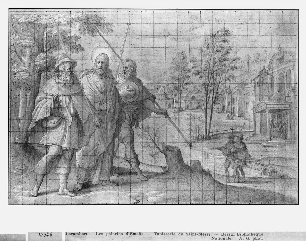 Vida de Cristo, Cristo en el camino a Emaús, estudio preparatorio de cartón de tapiz para la Iglesia Saint-Merri en París, c.1585-90 de Henri Lerambert
